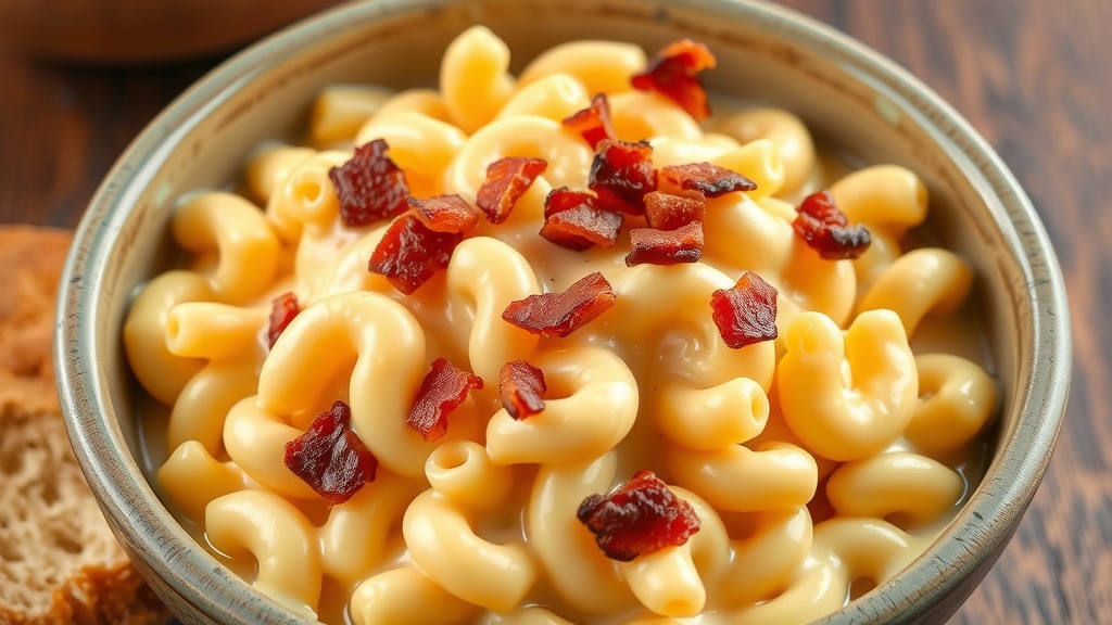 Creamy Bacon Mac and Cheese A delicious serving of Bacon Mac and Cheese with crispy bacon bits and creamy cheese sauce.